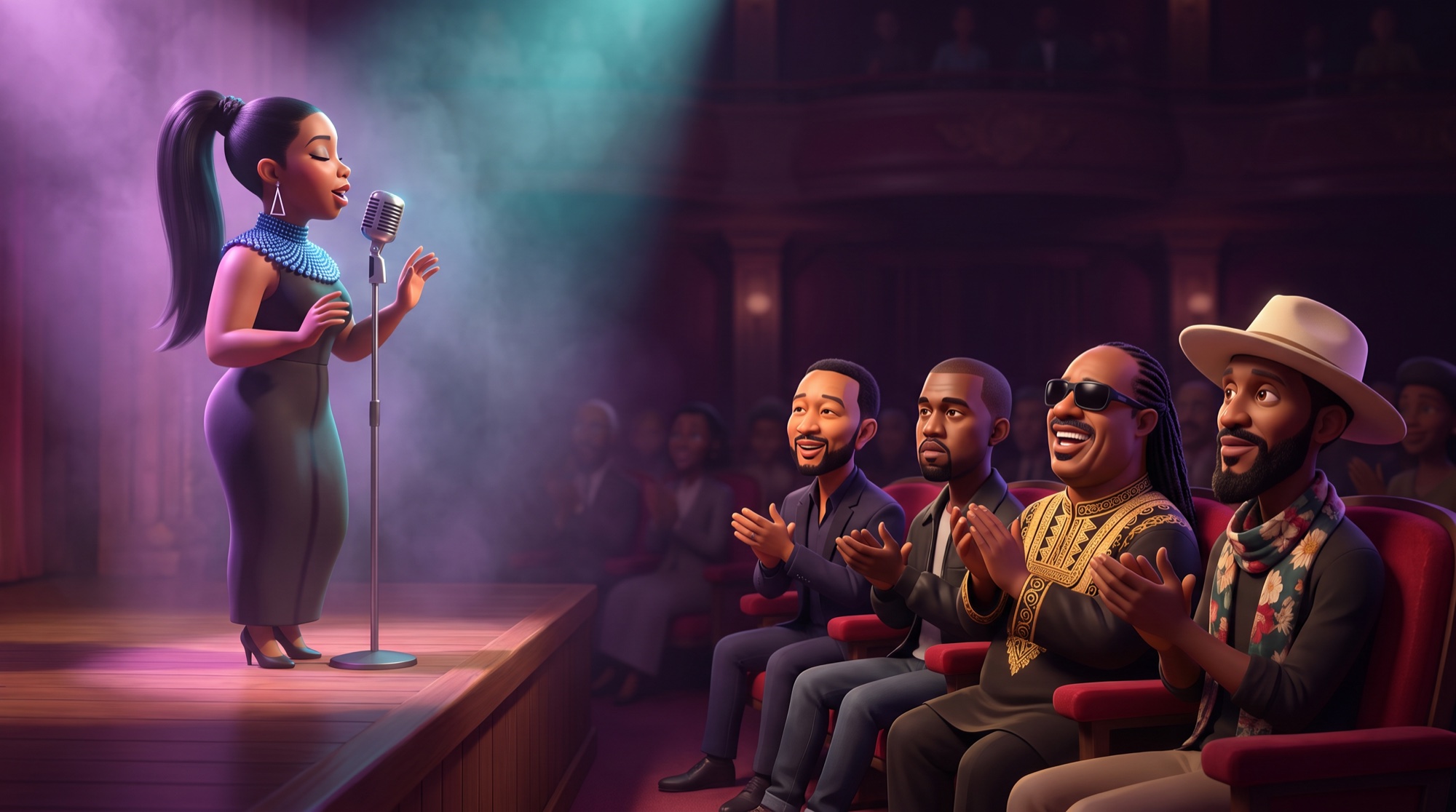 Tarrey Torae on stage; John Legend, Kanye West, Stevie Wonder and J. Ivy in the front row